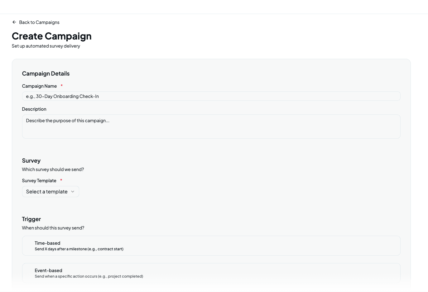 Template builder interface showing question types and email branding options