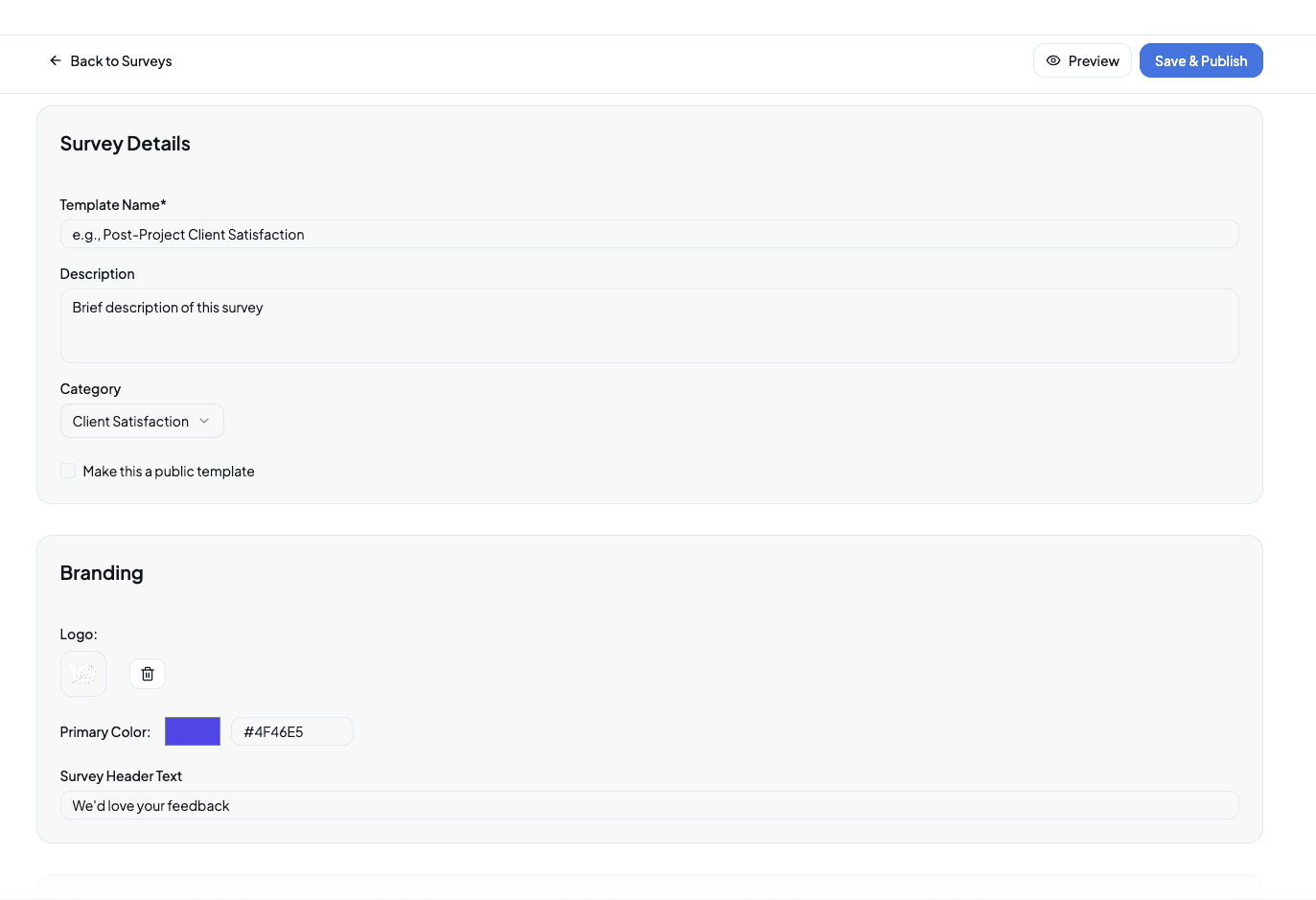 Template builder interface showing question types and email branding options