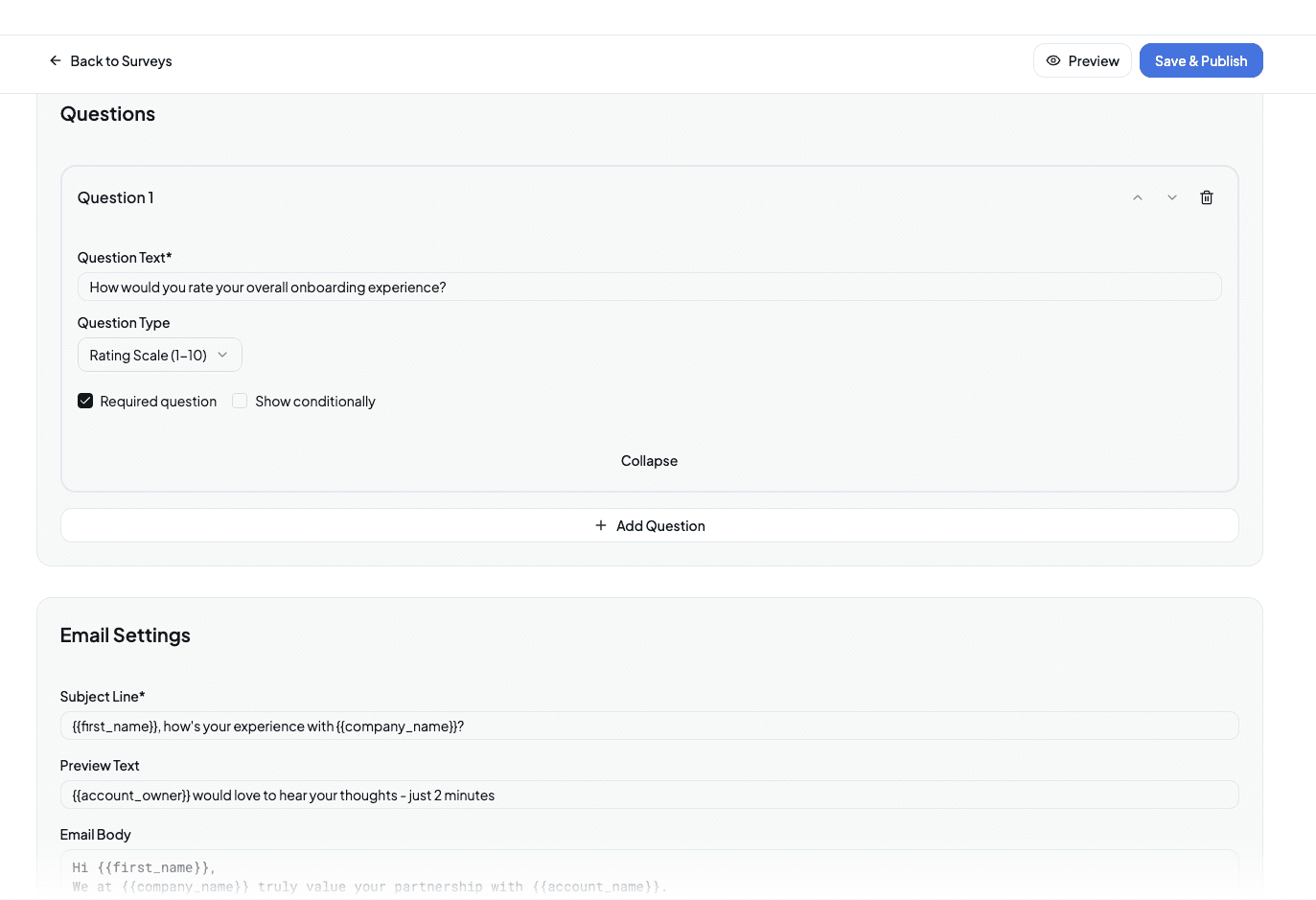 Template builder interface showing question types and email branding options