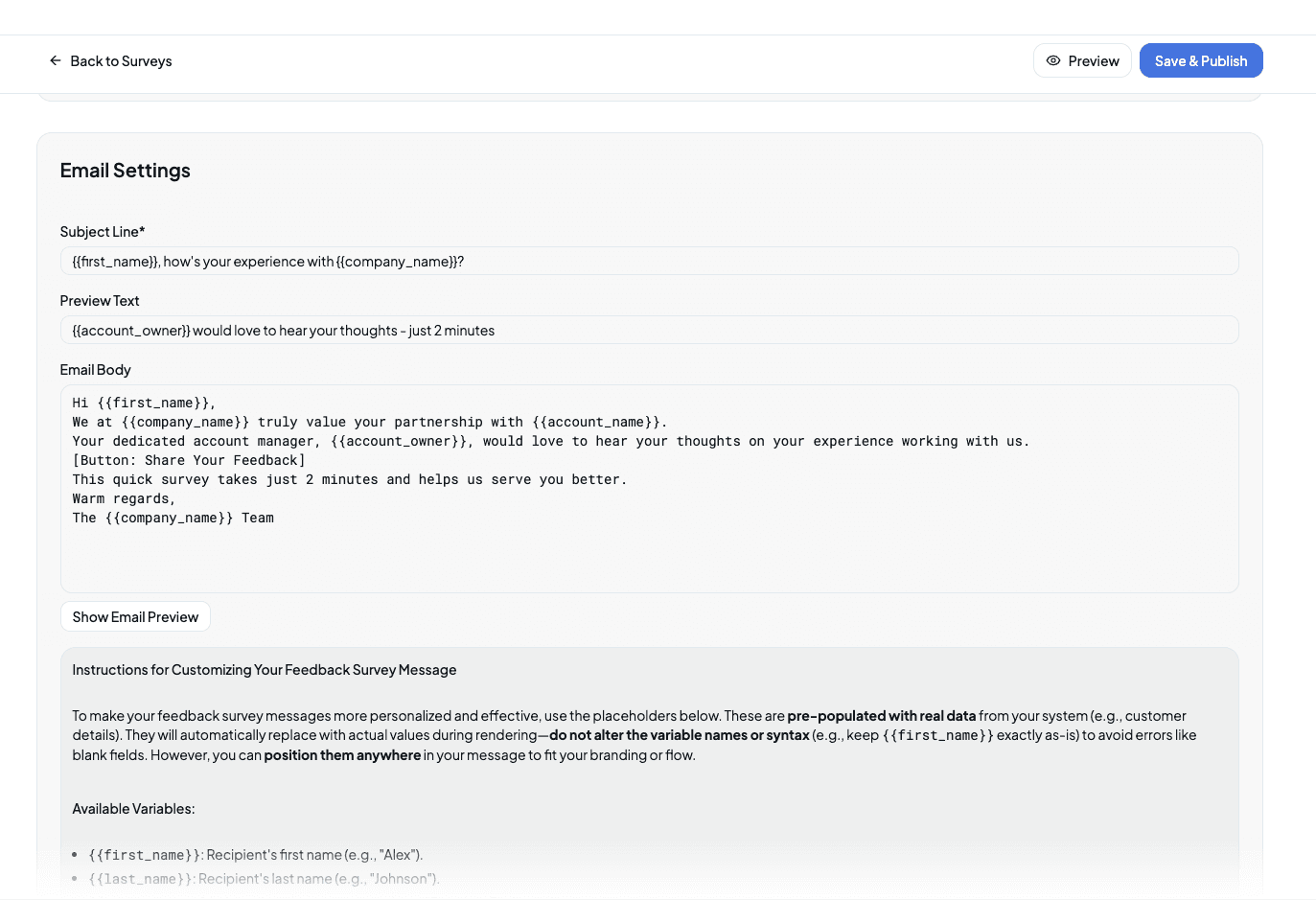Template builder interface showing question types and email branding options