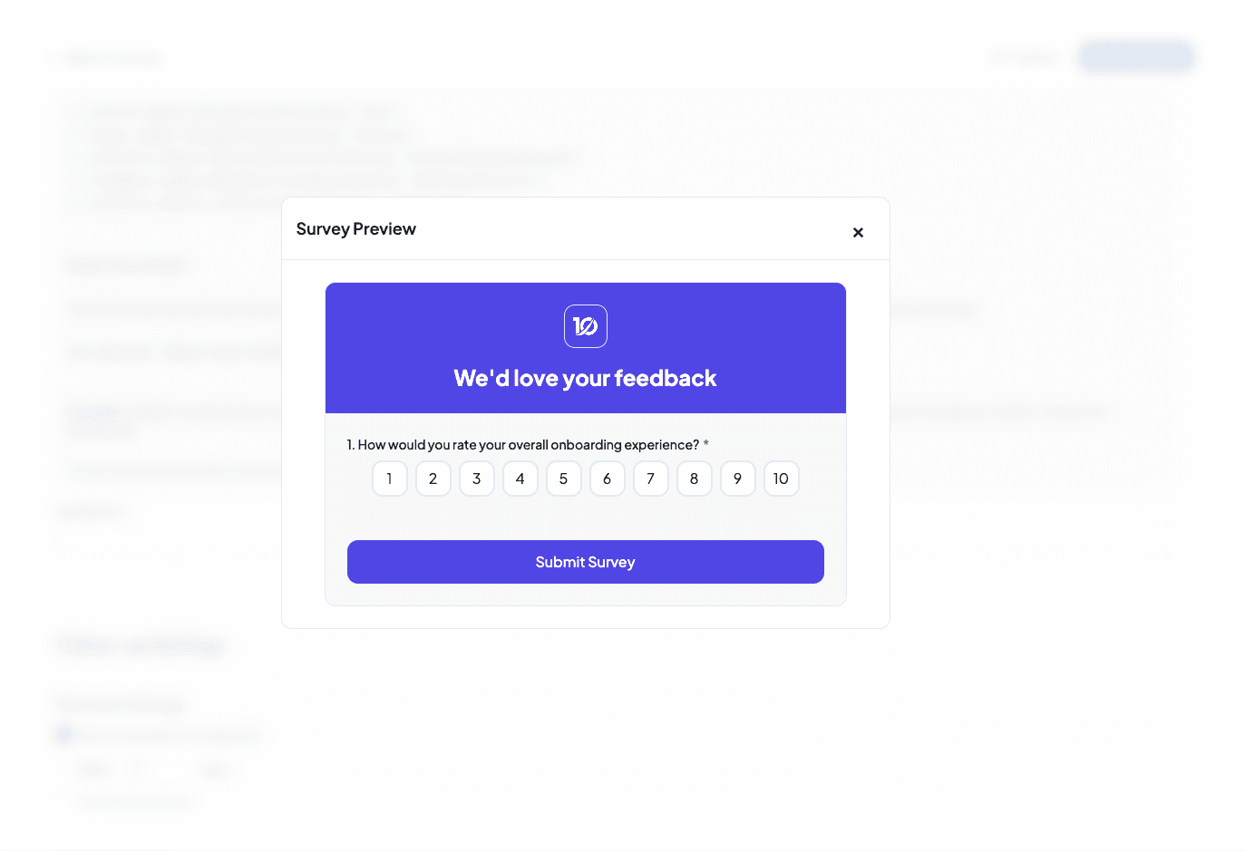 Template builder interface showing question types and email branding options